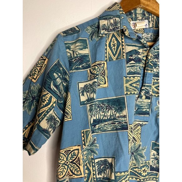 Vintage Reyn Spooner Men's Small Pullover 1/3 Button Blue Palm Trees Shirt FLAW - Picture 2 of 11